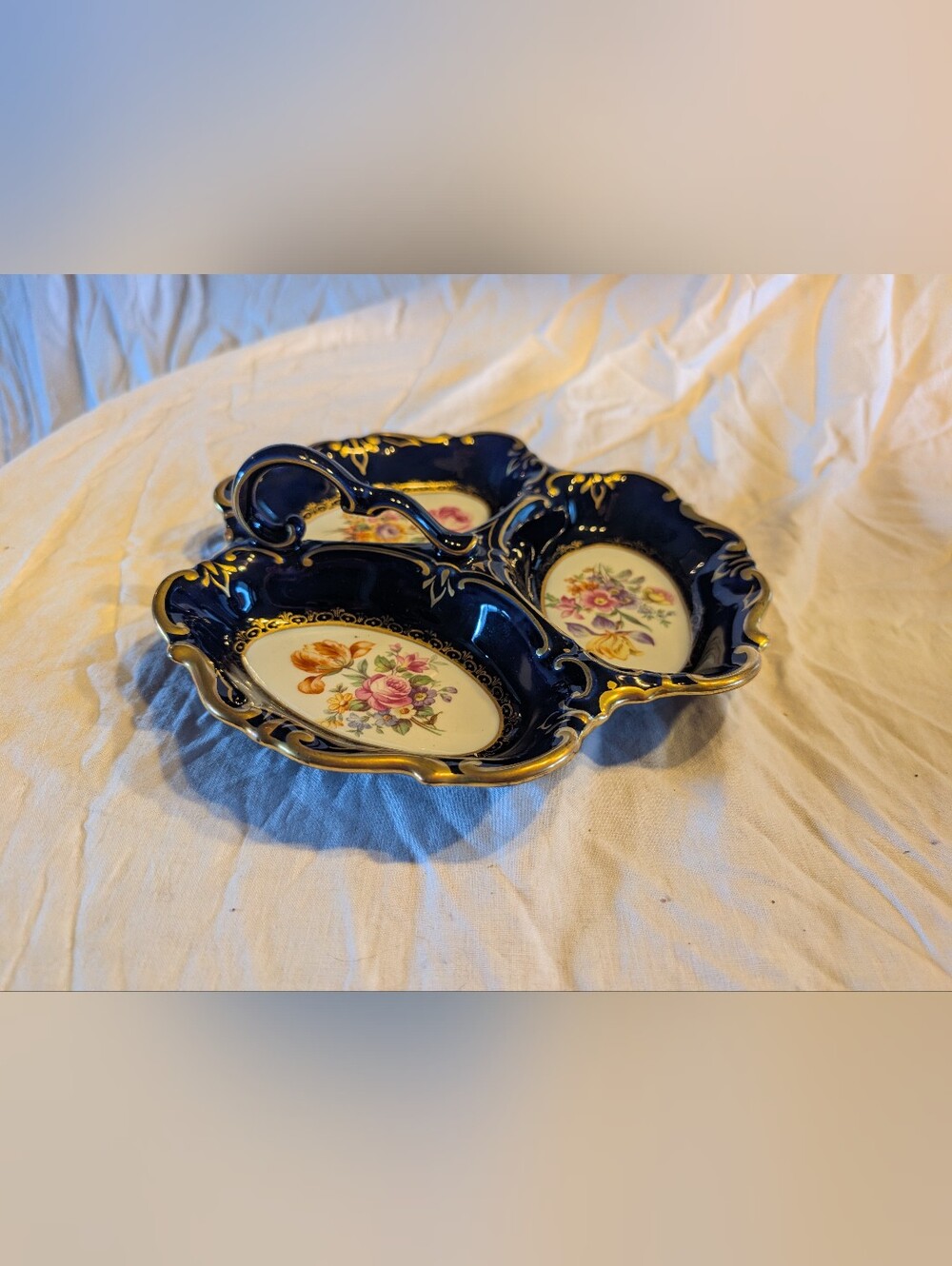 2/70$ Cobalt Blue Floral Porcelain Divided Serving Dish with Gold Trim